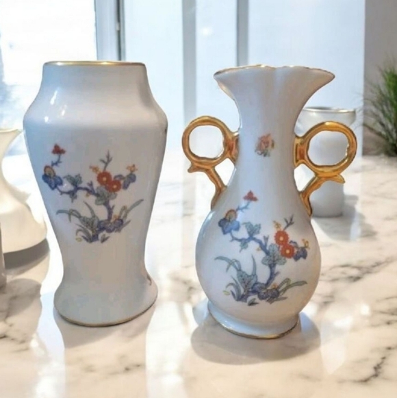 Limoges France Porcelaine Malbec Hand Painted Floral Gold Vase Vintage Set - Picture 1 of 8